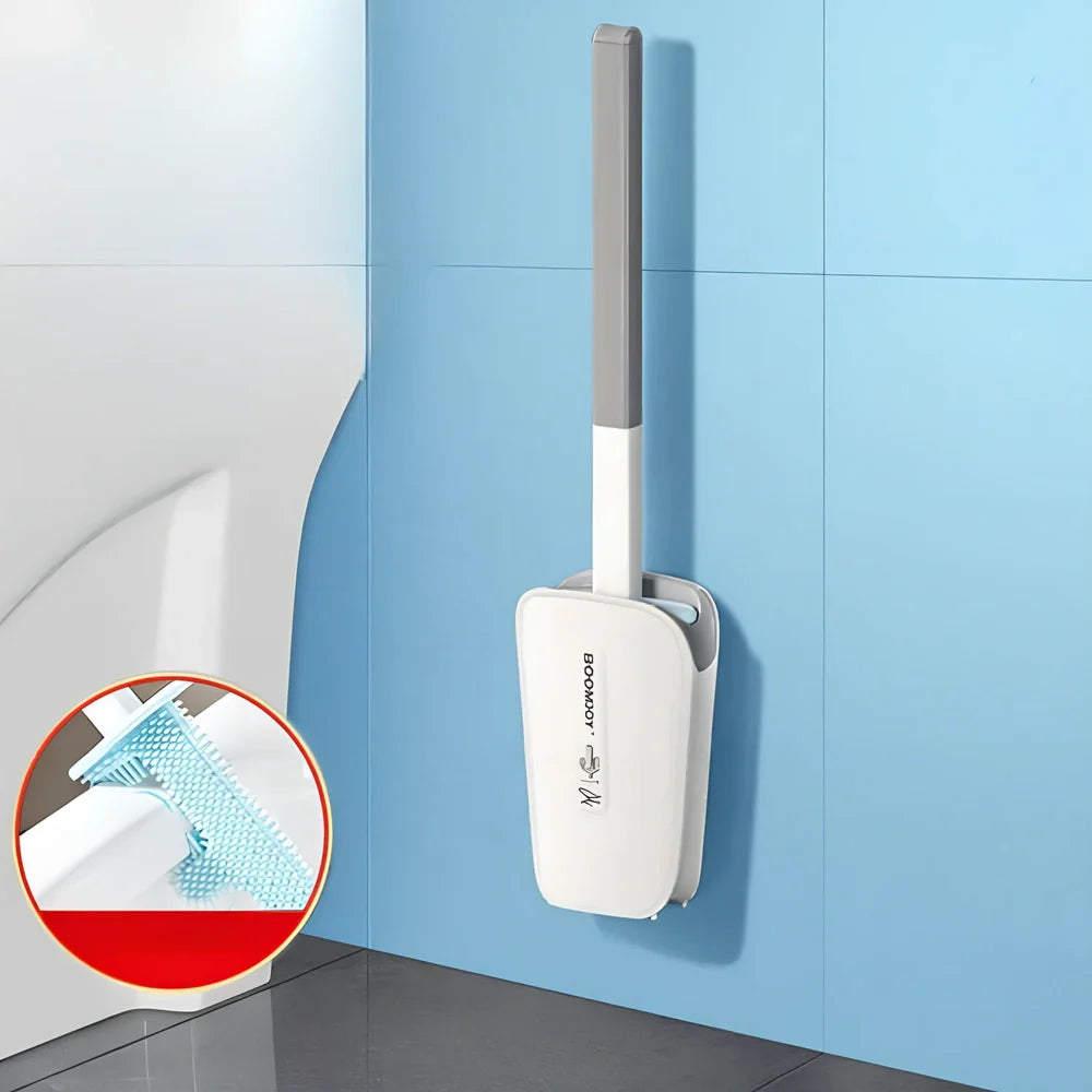 Blue toilet brush with angled TPR bristles in wall-mounted bucket for bathroom cleaning
