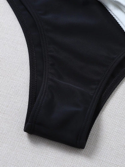 Solid color polyester bikini in black and white, fluorescent green, light blue