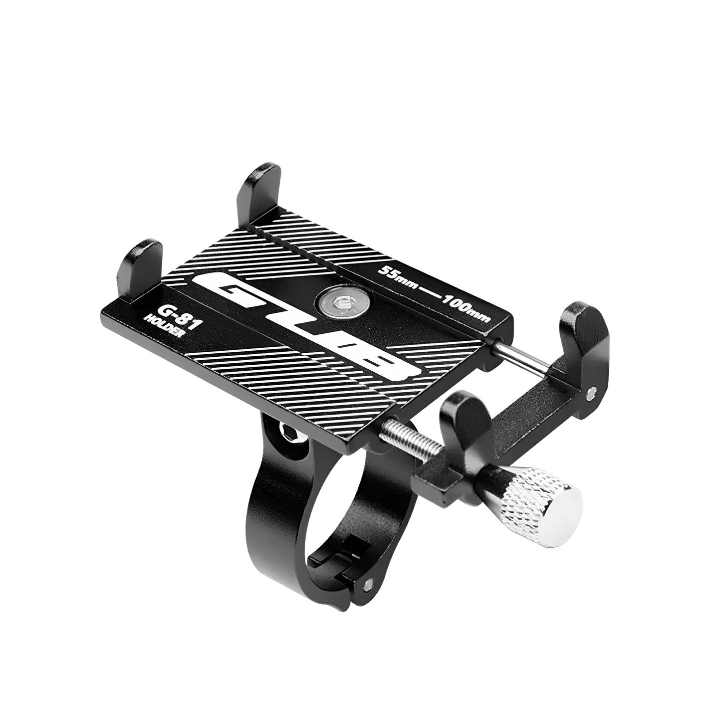 Aluminium alloy bicycle phone holder with 360-degree rotation on black handlebar