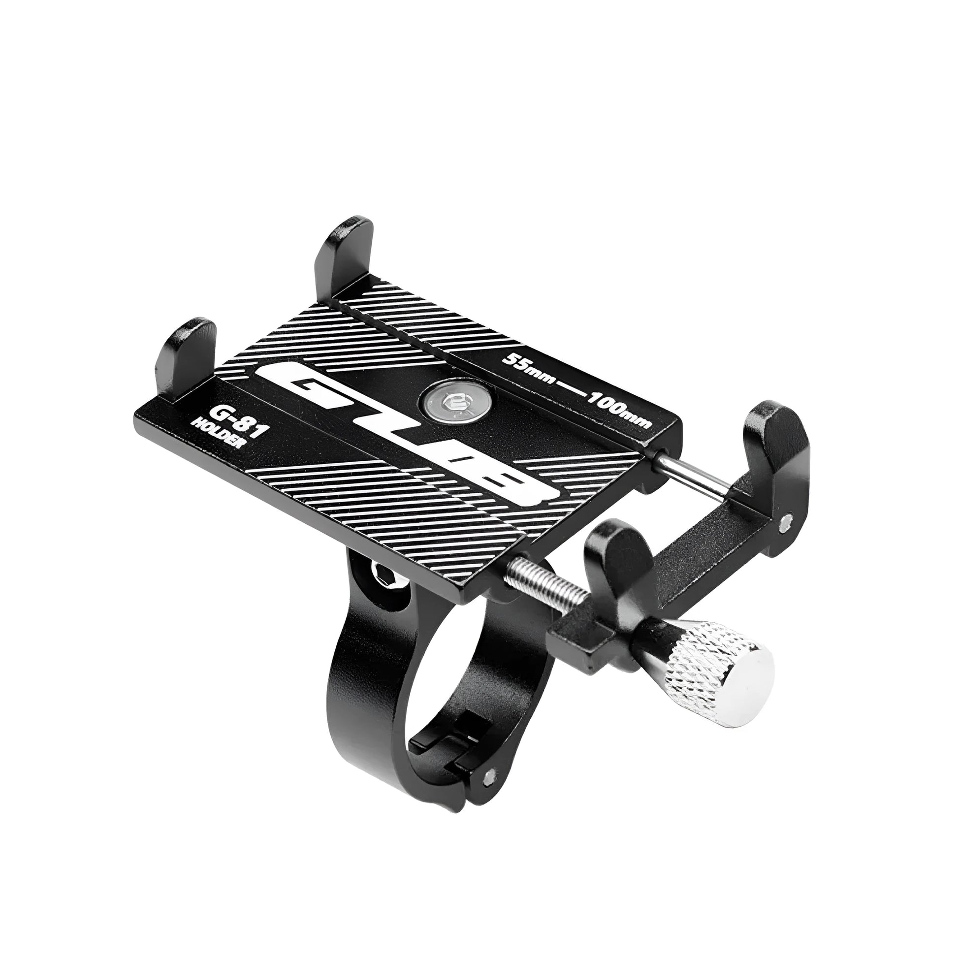 Aluminium alloy bicycle phone holder with 360-degree rotation on black handlebar