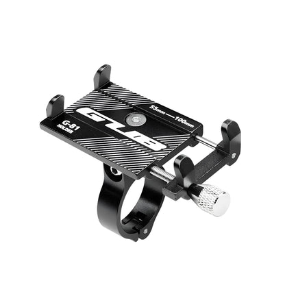Aluminium alloy bicycle phone holder with 360-degree rotation on black handlebar