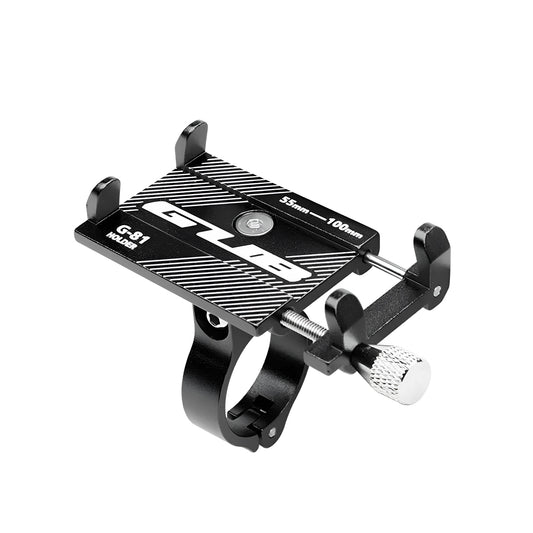 Aluminium alloy bicycle phone holder with 360-degree rotation on black handlebar