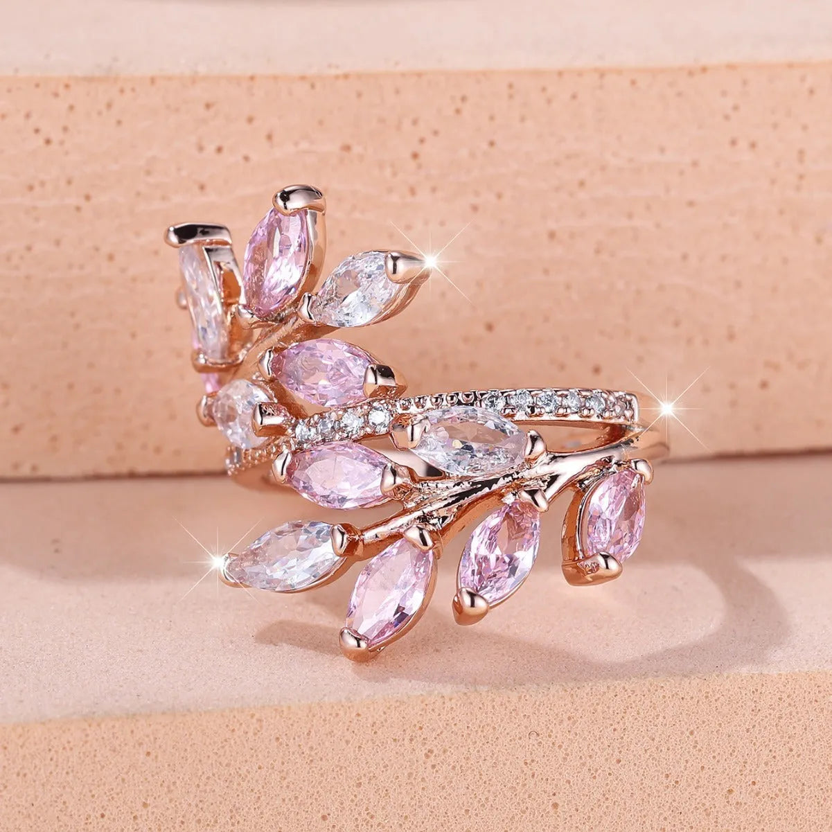 Horse Eye Zircon Leaf Ring with adjustable opening in rose gold purple white diamond colour on a hand