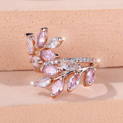 Horse Eye Zircon Leaf Ring with adjustable opening in rose gold purple white diamond colour on a hand