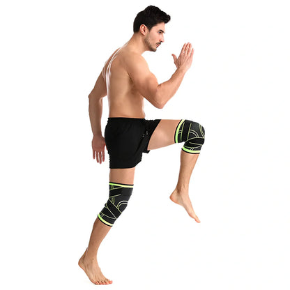 Outdoor sports pressure knee pads in fluorescent green, breathable polyester construction for mountaineering and cycling