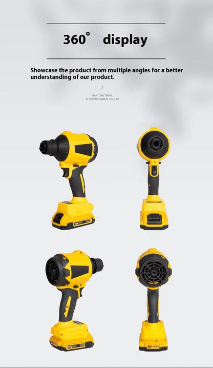 Yellow cordless lithium battery dust gun with accessories for household and office cleaning tasks