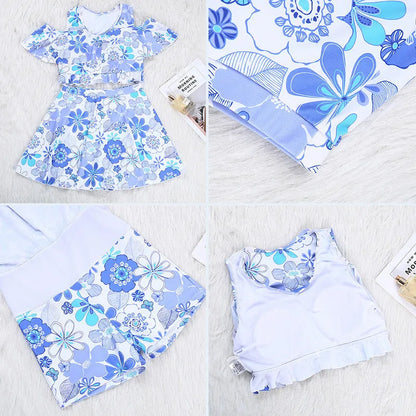Women's floral blue one-piece swimsuit with fresh small floral pattern on polyester fabric