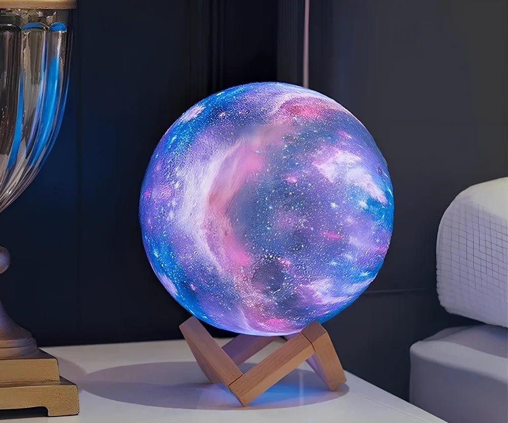 3D printed moon lamp showing lunar crater details with remote control for 16 colour options