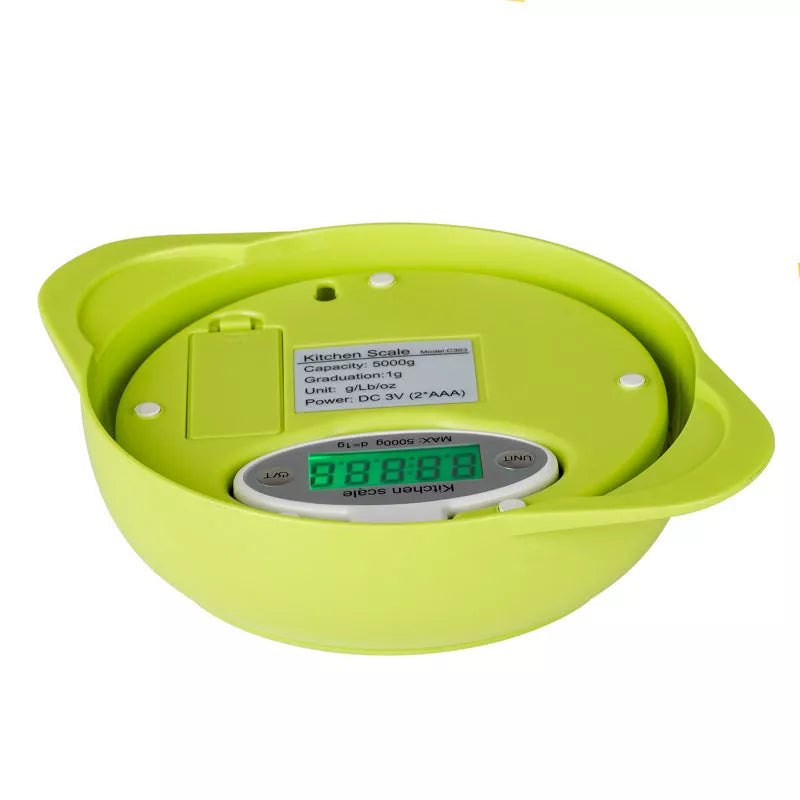 Green multifunctional kitchen baking scale with 5kg capacity and precise measurements