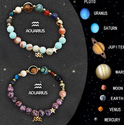 Twelve Zodiac Sign natural stone beaded bracelets with adjustable 20-24cm length showing distinct astrological designs