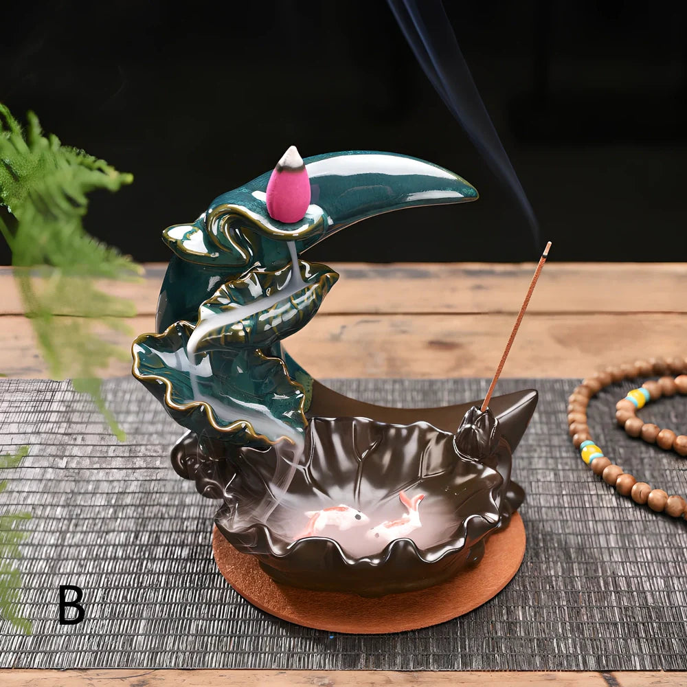 Monochrome glazed porcelain backflow incense burner with smoke waterfall effect and abstract Chinese design
