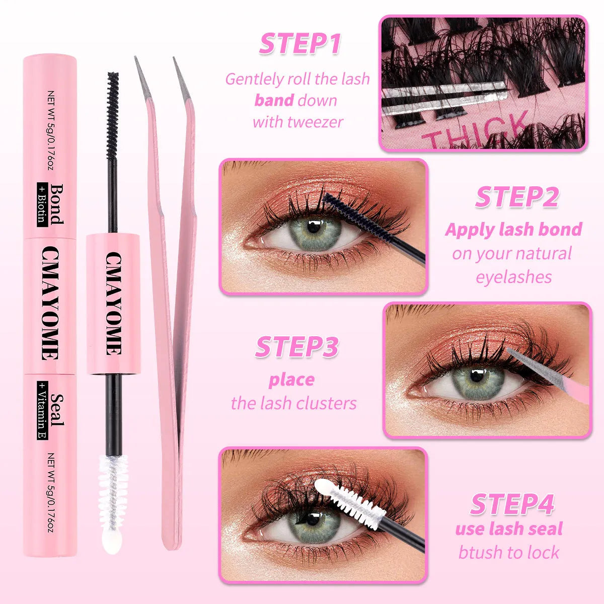 DIY false eyelash extension kit showing single clusters, tweezers, and DIYSET402/403 options on a pink background.