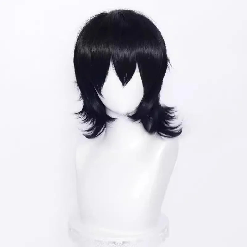 Short black anime-style cosplay wig for men with a lengthened hair tail, made from synthetic fibre.