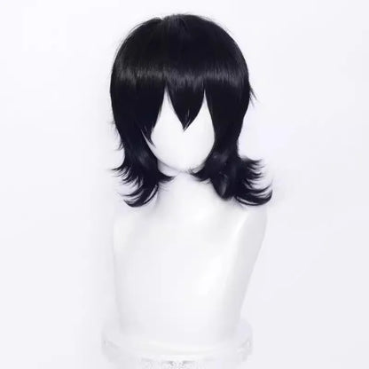 Short black anime-style cosplay wig for men with a lengthened hair tail, made from synthetic fibre.