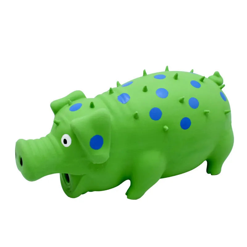 Blue latex pig-shaped dog chew toy with textured surface measuring 20x10cm