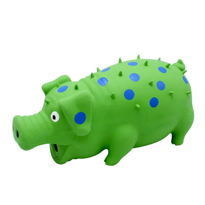 Blue latex pig-shaped dog chew toy with textured surface measuring 20x10cm