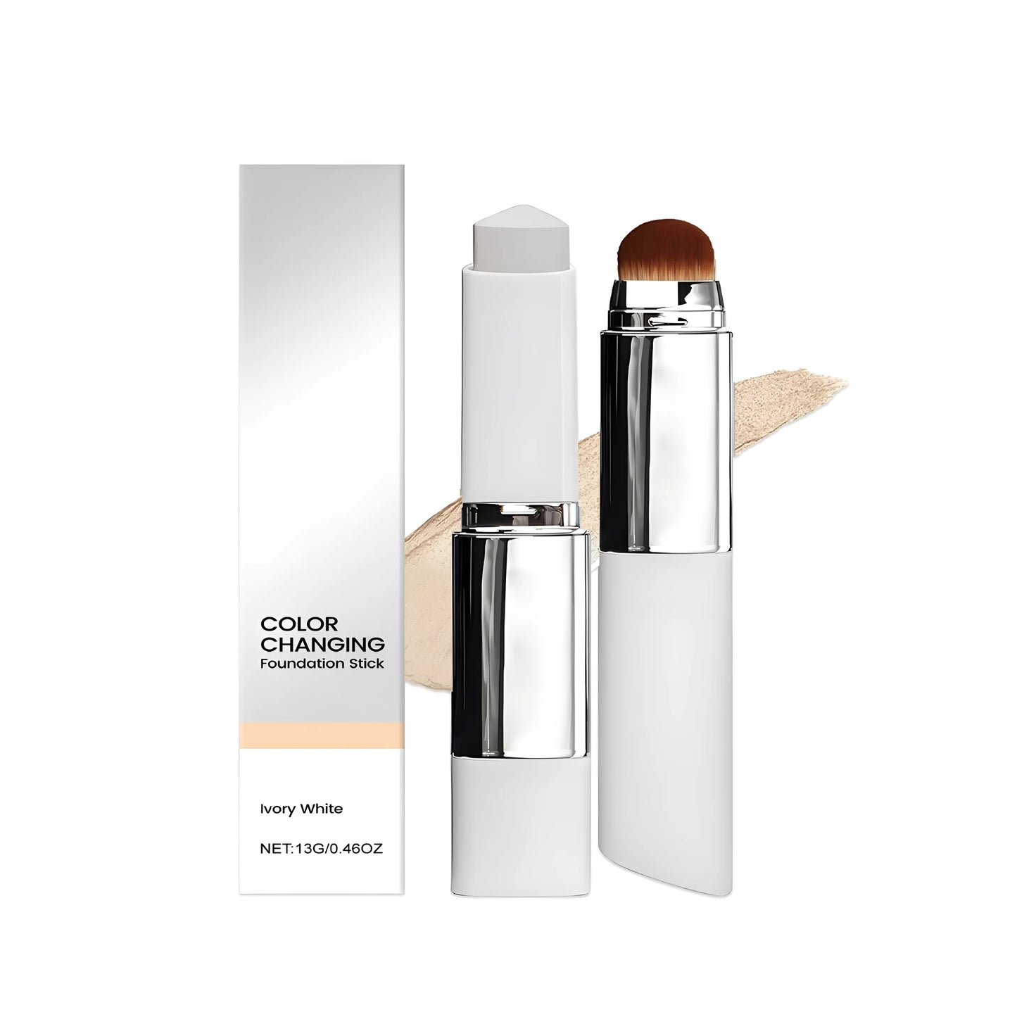 Powder foundation stick in twist-up packaging showing three colour options: ivory white, natural, deep flesh