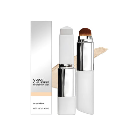 Powder foundation stick in twist-up packaging showing three colour options: ivory white, natural, deep flesh
