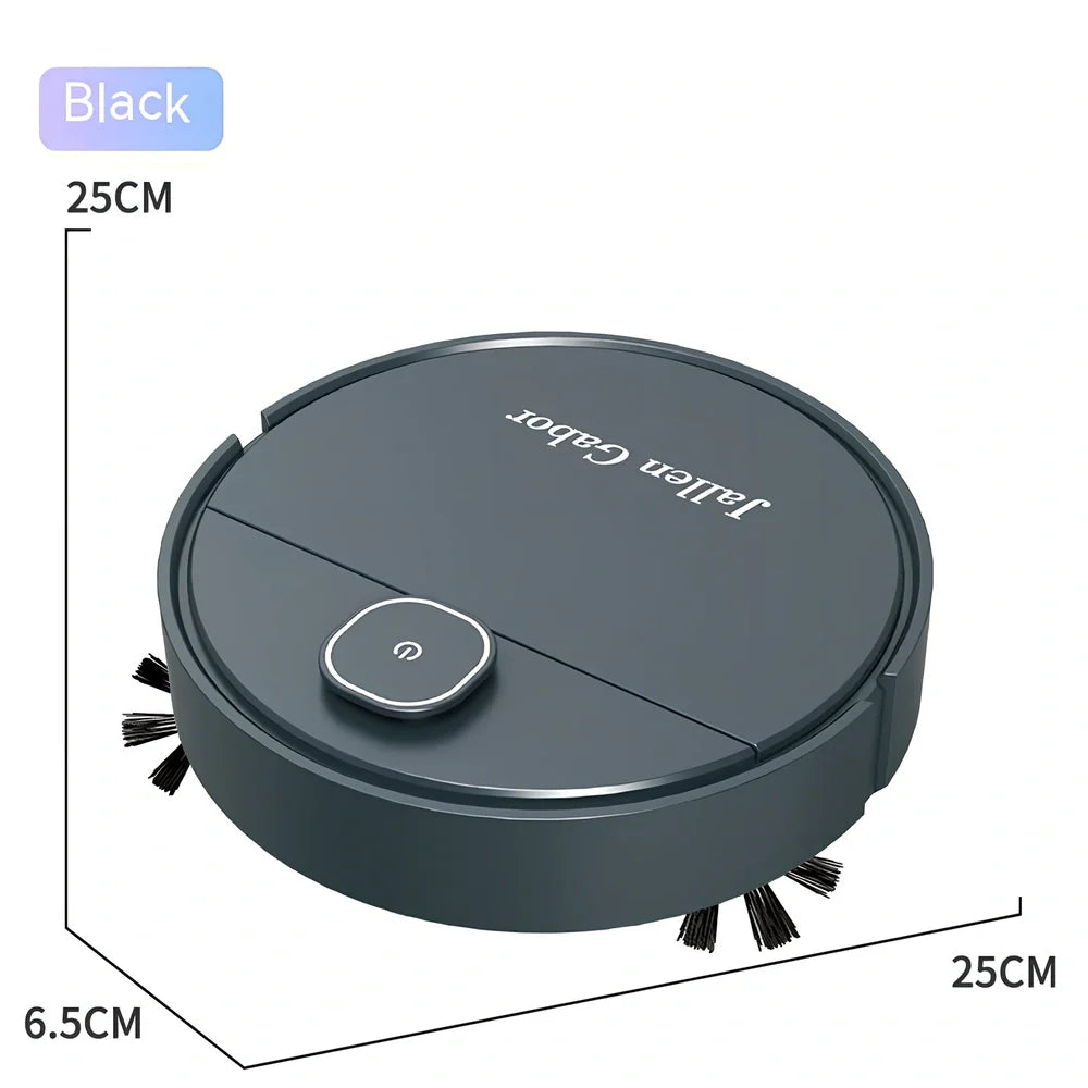 White automatic robot vacuum cleaner measuring 25x25x6.5cm with USB charging port