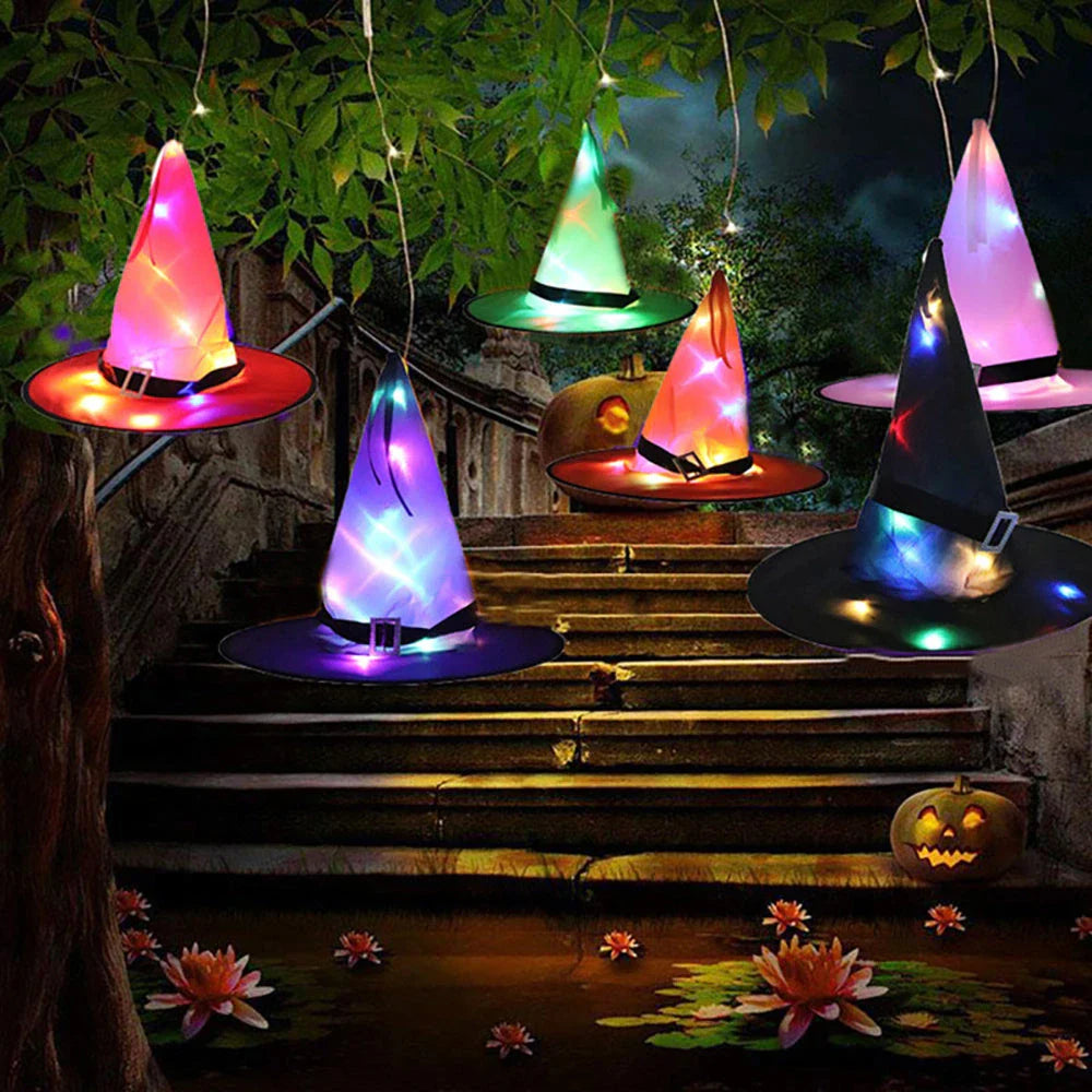 A colorful LED-illuminated witch hat with elf ears, perfect for Halloween home decor and parties.