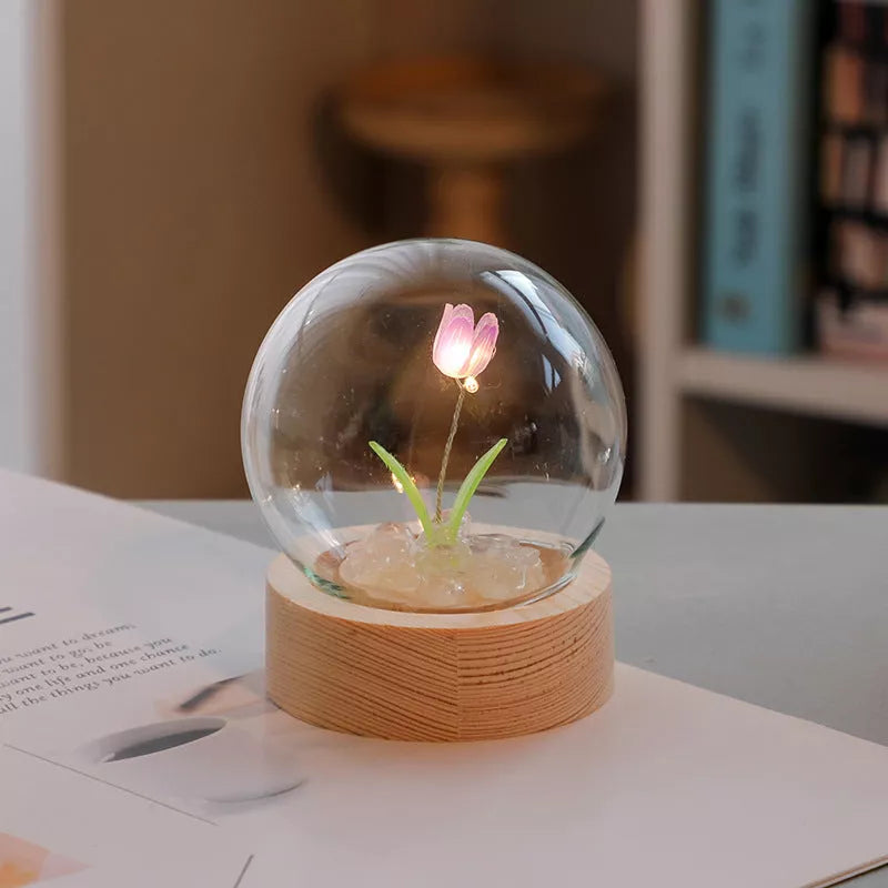 Handmade DIY tulip LED night light with adjustable flowers on wooden base