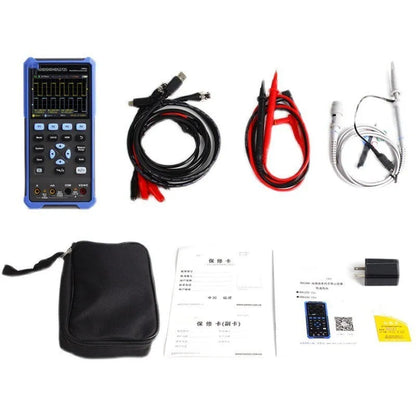 Owon HDS272 handheld digital oscilloscope with probe and accessories on a workbench.