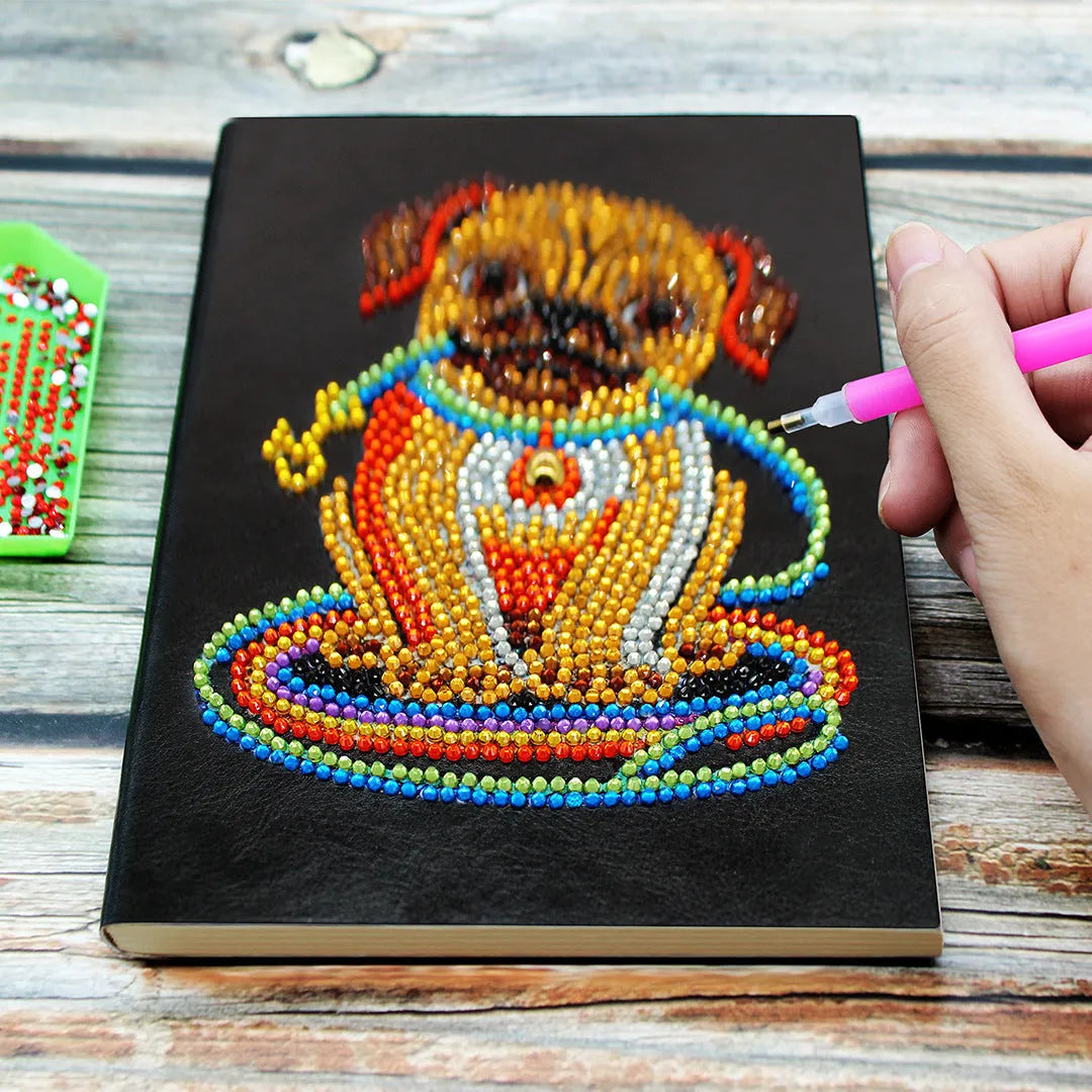 Black A5 diamond painting notebook showing dimensions of 142x207x8mm with 50 pages for creative projects