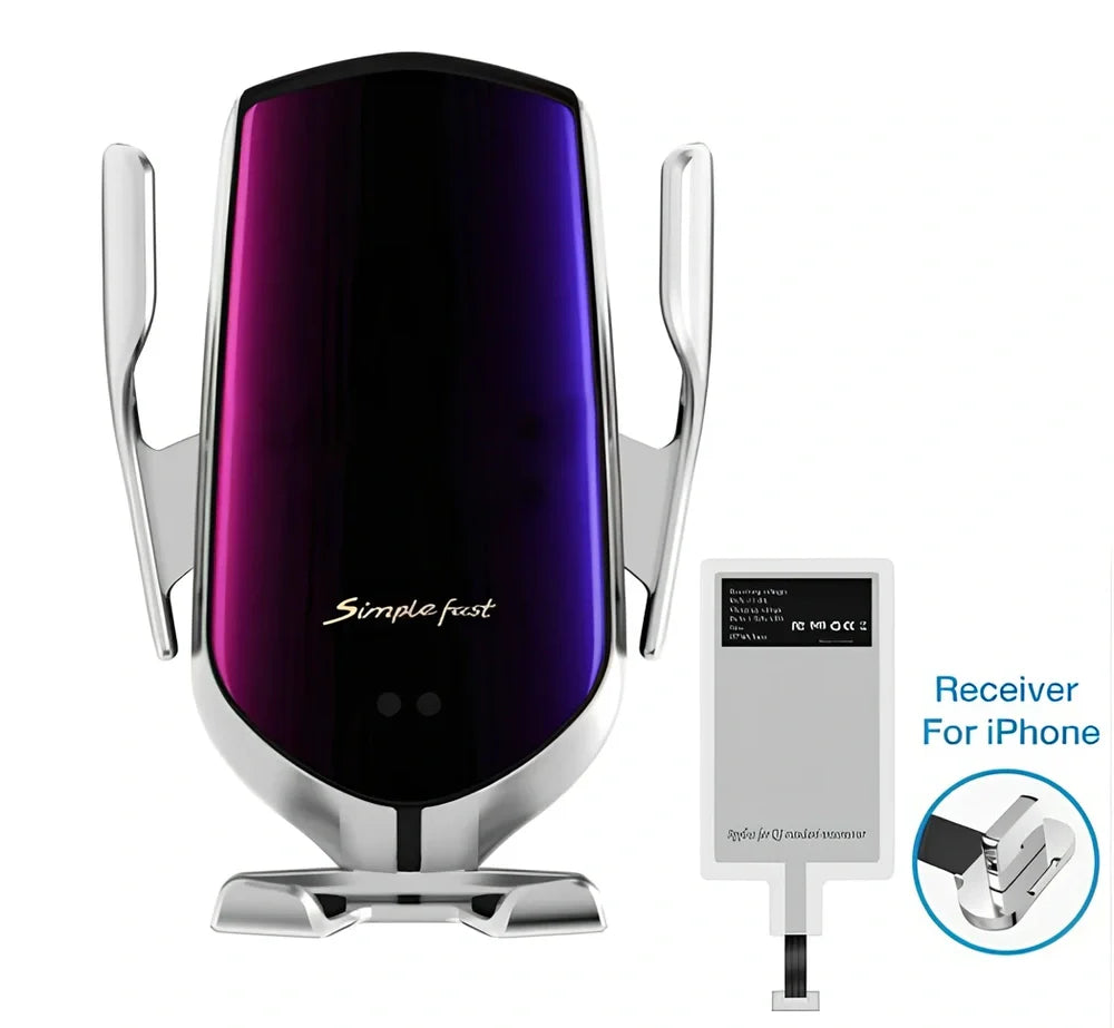 Black car wireless charger phone holder with suction cup mount and 360-degree rotation on a dashboard