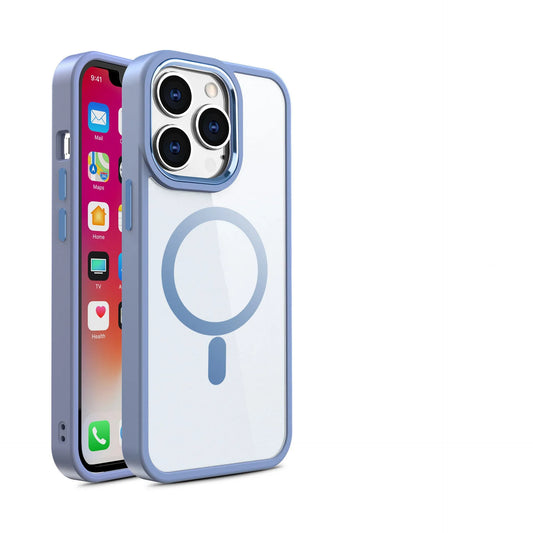 Magnetic transparent silicone phone case showing iPhone compatibility and 10 colour options including green, red, blue, and purple