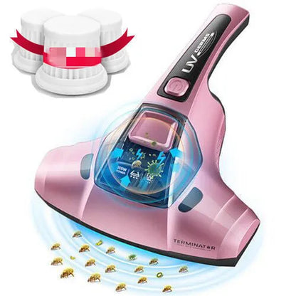 Handheld vacuum mite cleaner in pink colour with UK plug and cleaning attachments