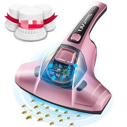 Handheld vacuum cleaner mite killer device with 300W power, 10kPa suction, 0.3L dust capacity, 4m power cord for UK plug model in pink, purple, or red colours with replaceable head options