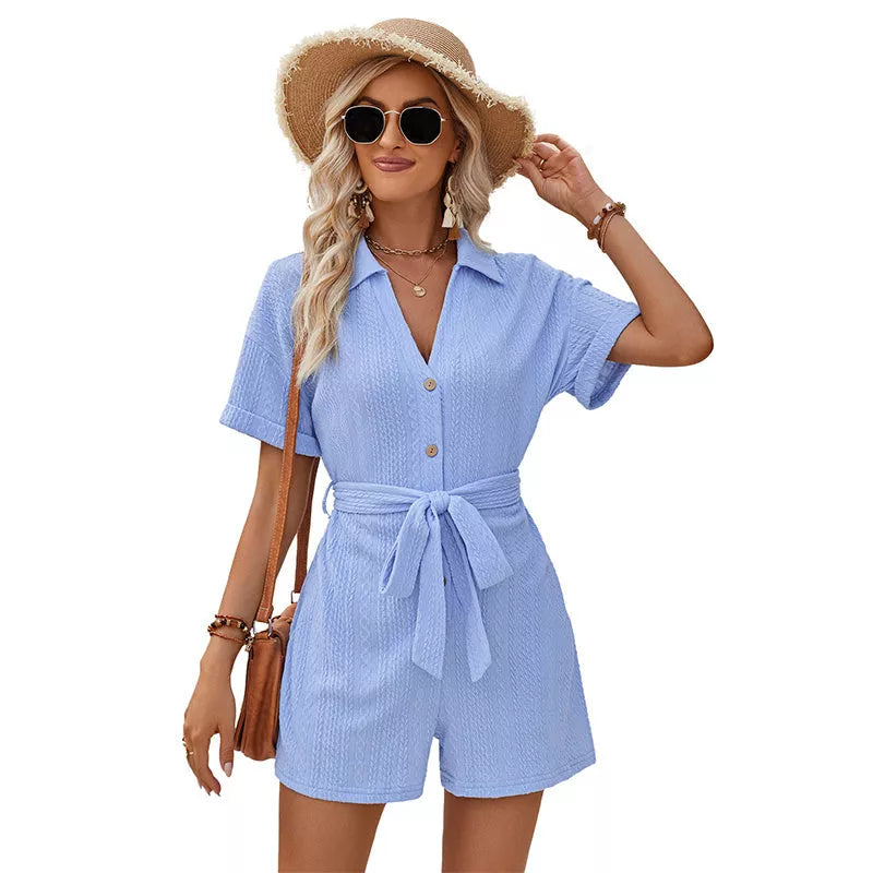 Women's short-sleeved jumpsuit with lace-up collar in pink, blue, and light green