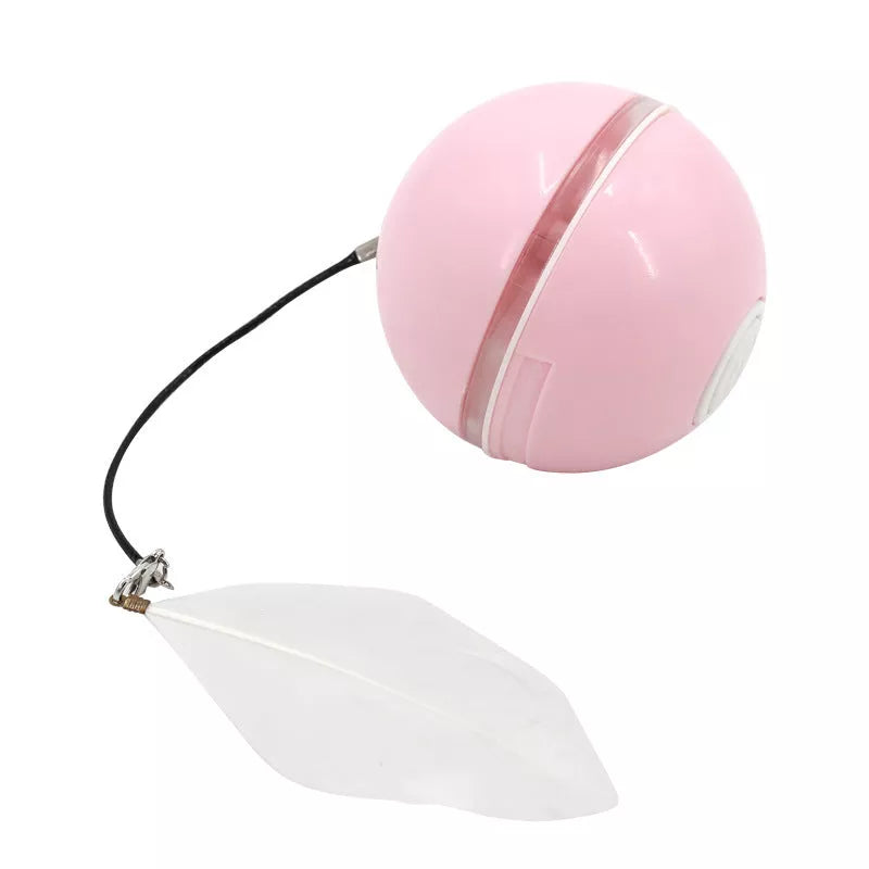 Automatic LED cat ball toy with feather and bell attachments in pink, blue, or white