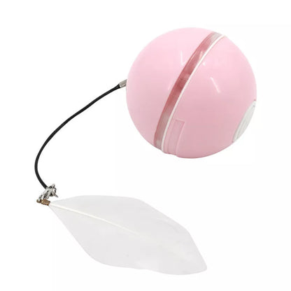 Automatic LED cat ball toy with feather and bell attachments in pink, blue, or white