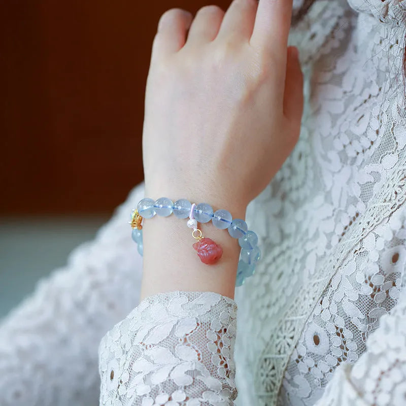 Chinese Style Aquamarine DIY Bracelet for Women with Fengjiu Charm - 28g Handmade Beaded Jewellery Featuring Fox Motif Design in Pearl, Fengjiu, or Pink Crystal Simple Colour Options