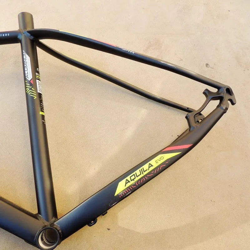 29-inch black green aluminium mountain bike frame with disc brake bracket and innerline cable routing