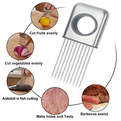 Stainless steel onion holder slicer tool with sharp prongs and a finger guard protector on a kitchen surface.