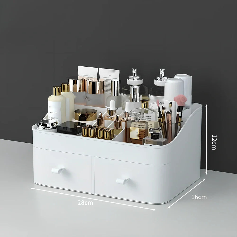 Rectangular toiletries organiser in white with Nordic design on wooden desktop