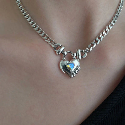 Heart Sweater Necklace with geometric design and Thai silver plated finish