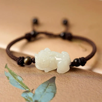 Traditional Chinese Hetian jade bracelet with black and red adjustable ropes and jade beads