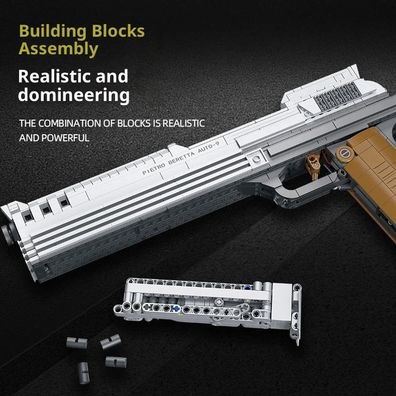 Children's toy gun model with small particle building blocks in colour box packaging