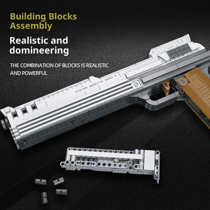 Children's toy gun model with small particle building blocks in colour box packaging