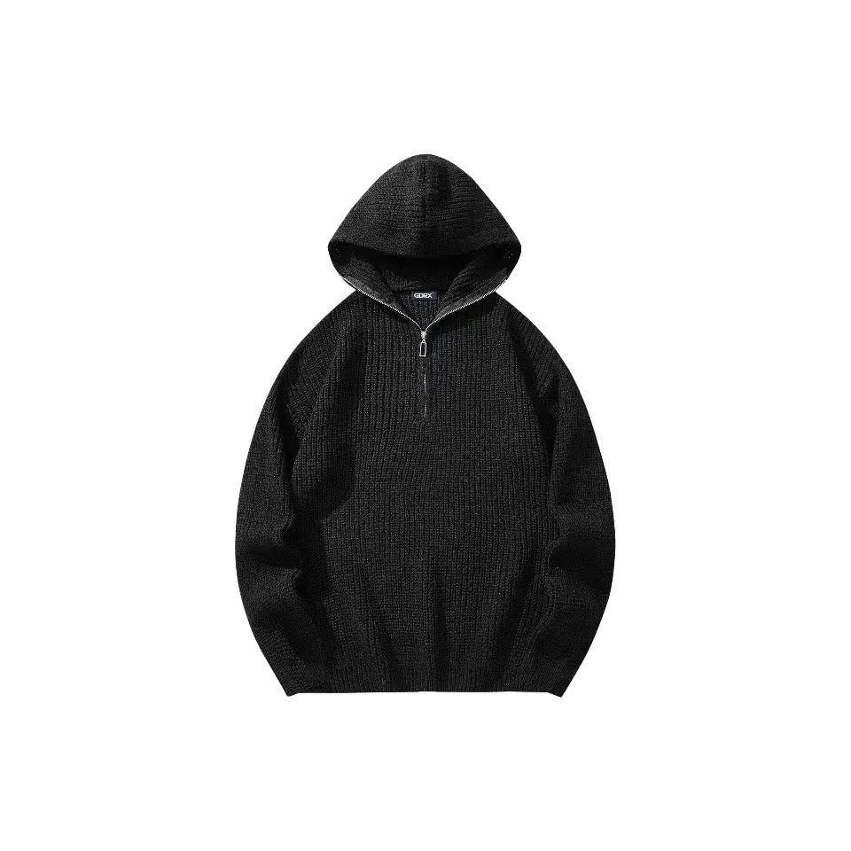 Loose baggy knitted sweater coat, long sleeve, polyester fiber, shown in dark gray black khaki, sizes M to 3XL