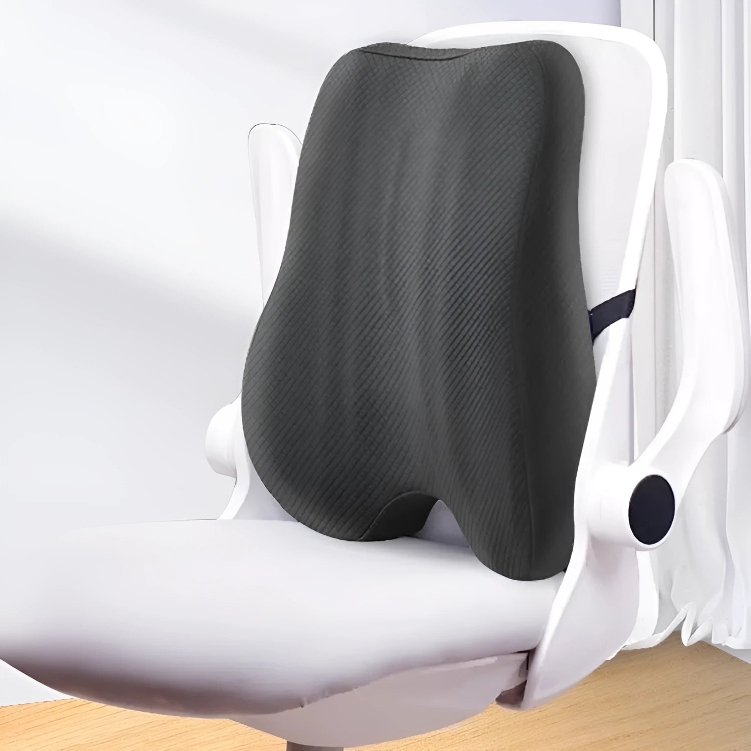 Grey lumbar support pillow for office chair measuring 40 by 40 by 8 centimetres.