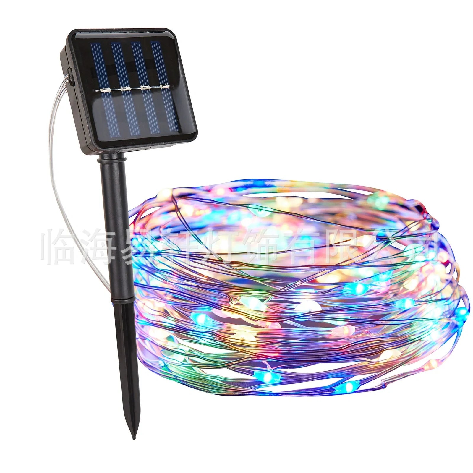 Solar-powered LED string lights arranged in garden with solar panel charging in sunlight