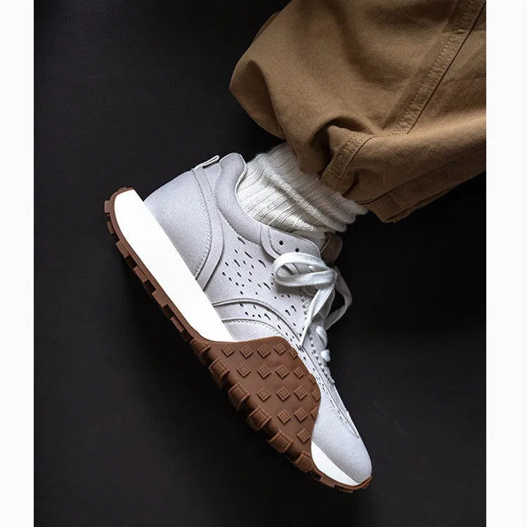 Grey retro thick-soled sneakers with non-slip rubber sole and breathable cloth microfiber leather upper