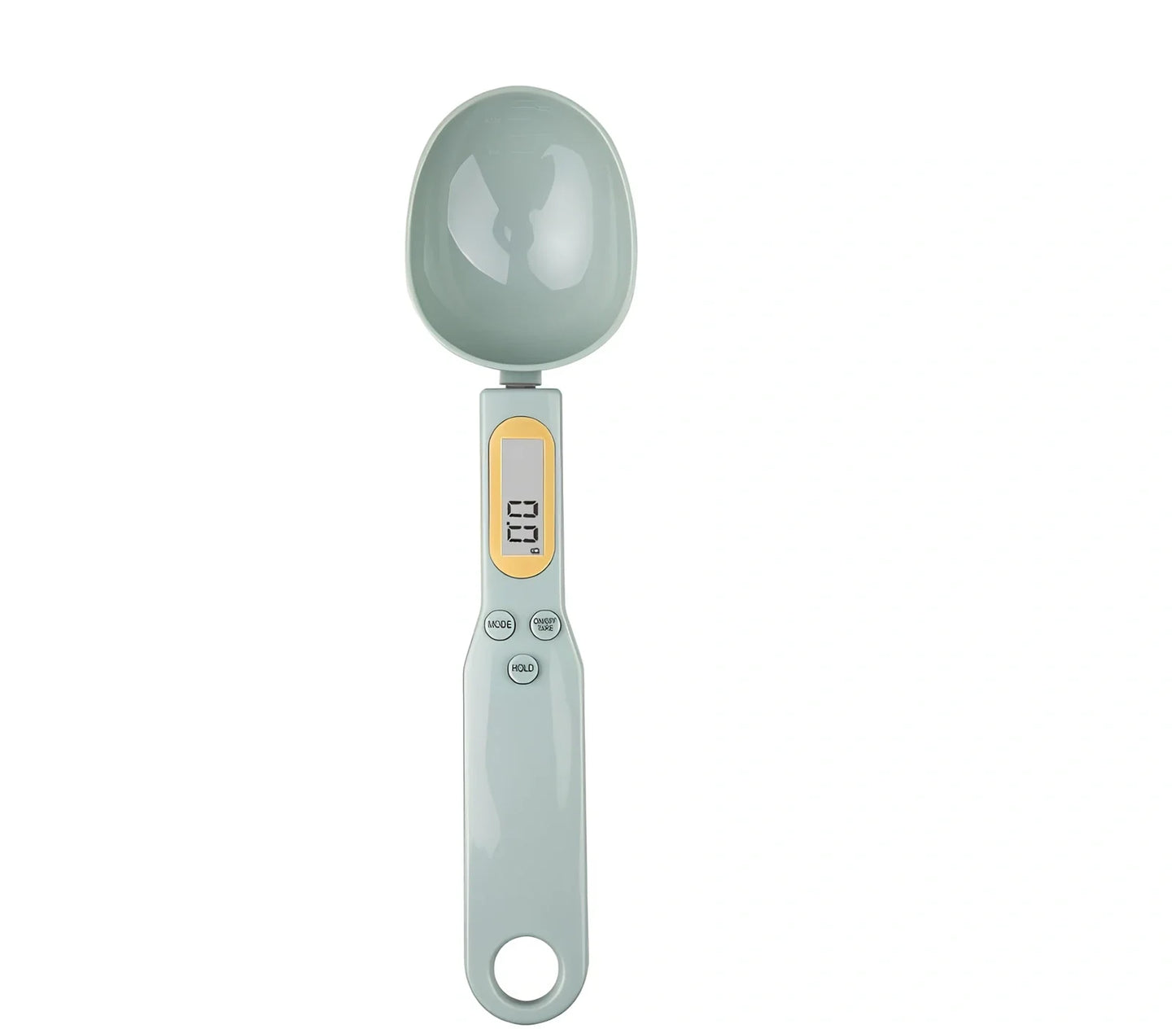 Digital kitchen spoon scale showing measurement display and USB charging port