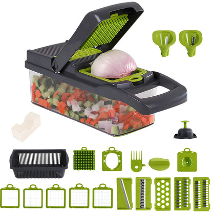 Multipurpose vegetable cutter with seven blades, drain basket and accessories on kitchen counter