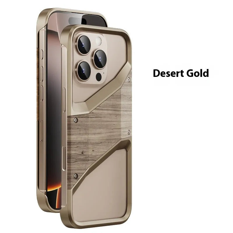 Wood and aluminium alloy iPhone case in dark grey and desert gold, half-pack hollow design for heat dissipation