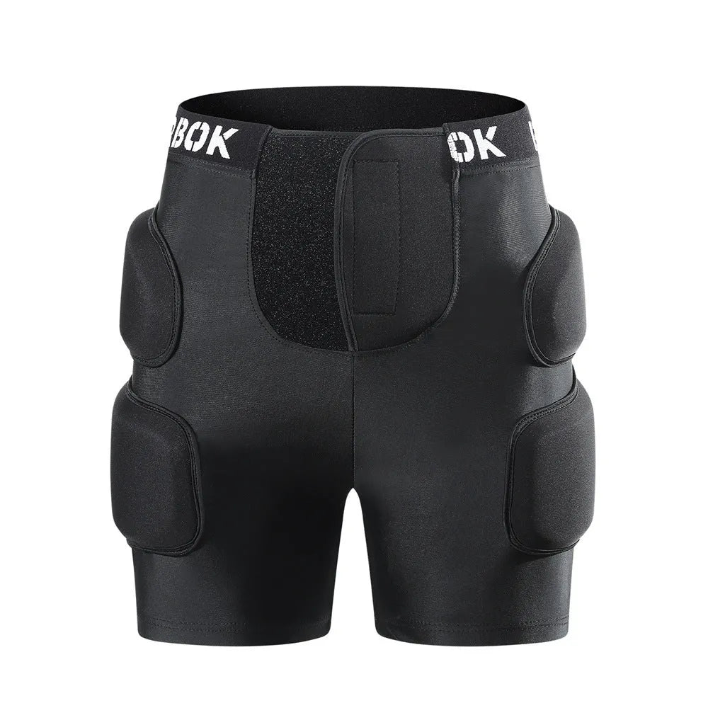 Black roller skating hip pad pants with NBR foam protection panels for skateboarding